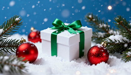 Christmas Gift Box with Green Ribbon in Snow