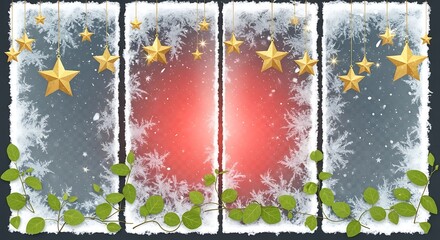 Festive Christmas window background with golden stars and green vines decoration