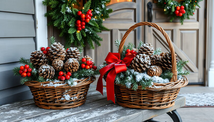 Festive wicker baskets filled with pinecones, greenery, and berries at a decorated entrance