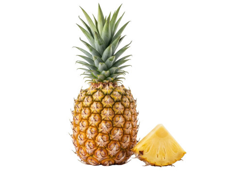 Isolated pineapple fruit with piece on a plain surface, ananas comosus tropical food