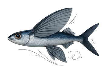 Obraz premium Flying fish with large wing-like pectoral fins gliding over the ocean, transparent background