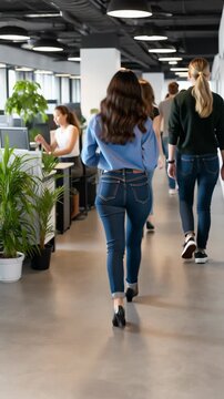 A woman in a black shirt and blue jeans walks down a hallway with other people. Concept of formality and professionalism, as the people are dressed in business attire