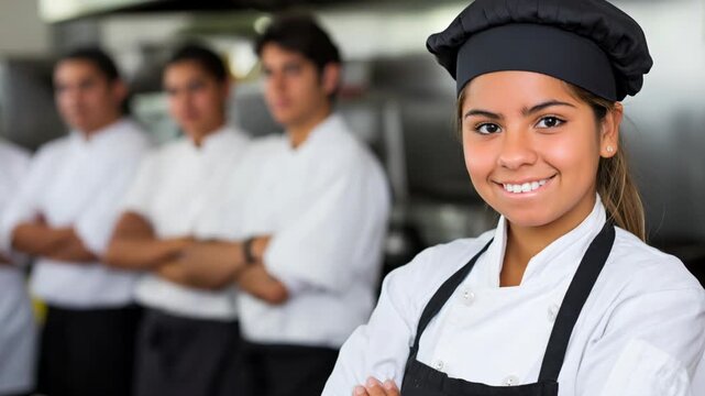 A woman chef is smiling and posing for a photo with her coworkers. Concept of camaraderie and teamwork among the chefs