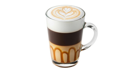 Isolated glass of latte macchiato layered drink on background featuring coffee art design