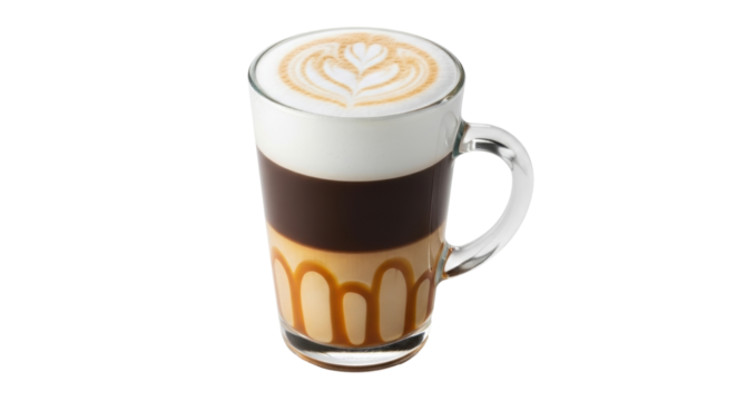 Isolated glass of latte macchiato layered drink on background featuring coffee art design