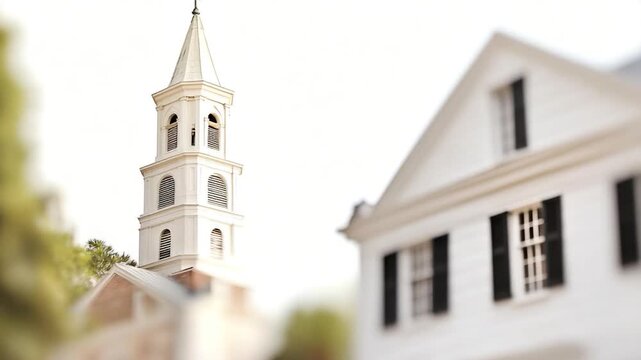 Video A white church steeple with a clock on it, perfect for use in historical or architectural