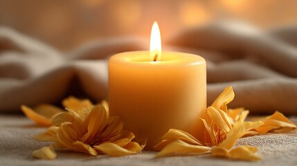 Lit candle with flower petals on fabric, warm, soft, glowing ambience