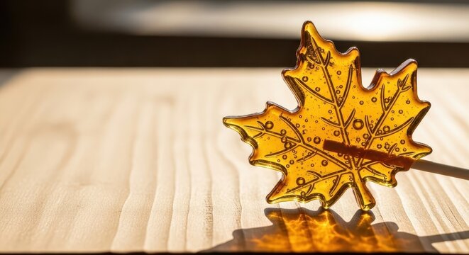 Maple leaf lollipop on wooden surface with soft lighting for Canada Day  