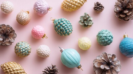 The flat layout showcases a series of brightly colored decorative Christmas ornaments, natural pine cones, and seasonal foliage, arranged against a soft background, leaving ample space for text.