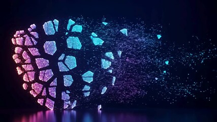 Abstract neon shield crumbling into digital particles on dark background symbolizing cybersecurity breach firewall failure and fragility of data protection systems - Powered by Adobe