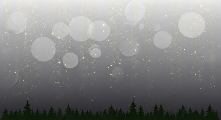 Magical forest background with bokeh lights and stars for Christmas