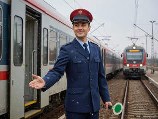 Young railway polish conductor in a formal navy-blue uniform standing on a train platform in winter conditions, with two modern electric trains in the background.