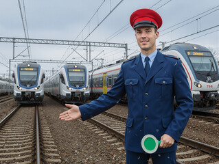 Young railway polish conductor in a formal navy-blue uniform standing on a train platform in winter conditions, with two modern electric trains in the background.