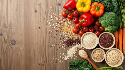 Healthy vibrant vegetables and grains on rustic wood create fresh food concept, perfect for wellness blog or organic cooking promotion