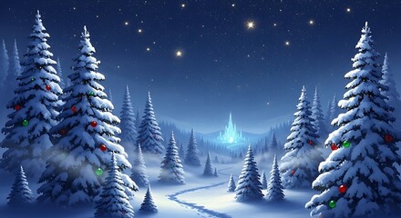 Magical winter wonderland scene with snowy forest and distant castle