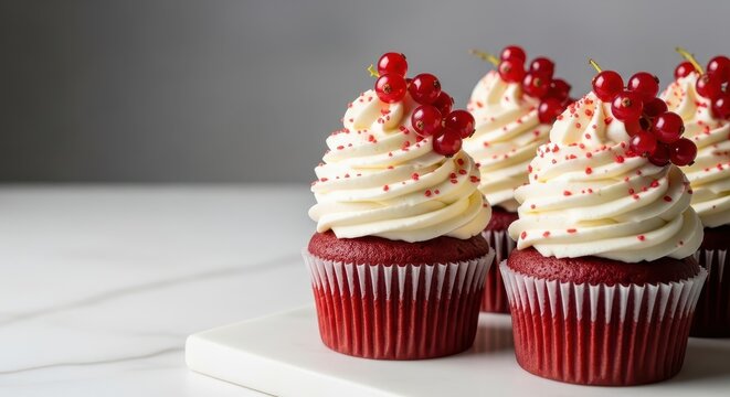 Red velvet cupcakes topped with cream frosting and berries for Canada Day