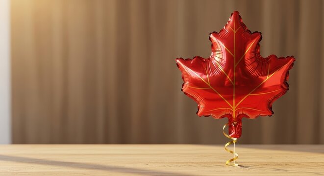 Red maple leaf balloon on table with soft light for Canada Day  