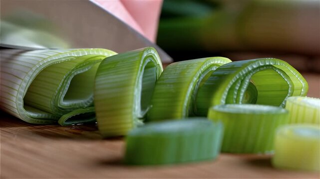 Close-up of freshly cut green leeks on a wooden board with a knife.