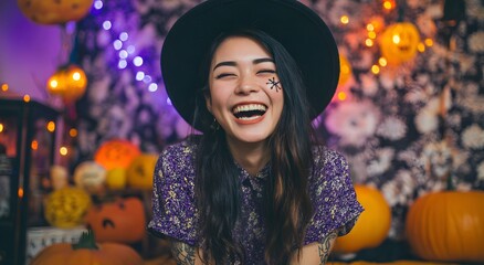 Happy young woman laughing in witch hat at a halloween party