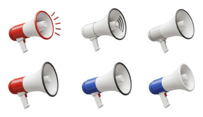 Six 3D megaphones with red and blue accents, some showing sound waves on transparent background