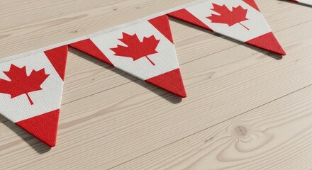 Canadian flag bunting on wooden surface for Canada Day celebration  