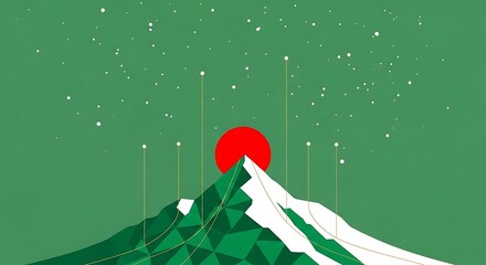 Minimalist Mountain Landscape with Rising Sun and Starry Night Sky