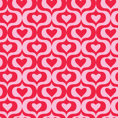 Red and pink hearts on vintage ogee seamless pattern. For valentine’s day print, wrapping paper, greeting cards and fabric