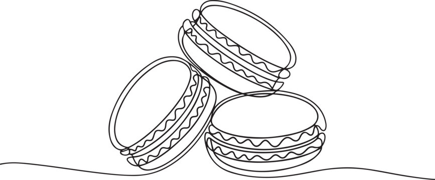 Macaroon one line drawing vector, Continuous one line drawing of colorful French macaroons isolated. Hand drawn macarons minimal design art. one line Icon drawing