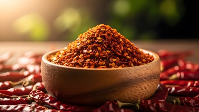 Pile of dried chili flakes in a wooden bowl surrounded by whole dried red chili peppers