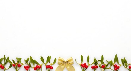 Mistletoe border with golden bow on a white background Christmas theme