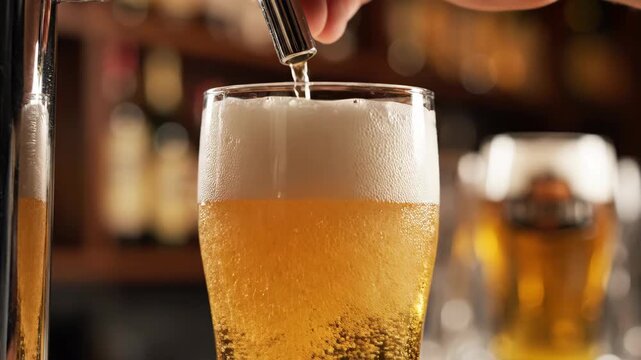 Pouring A Cold Beer From Tap Into Glass At Bar, Evening