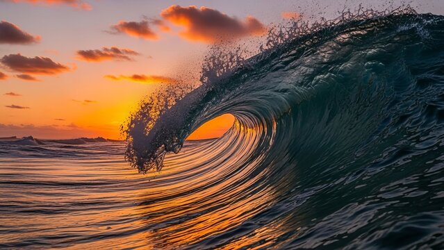 Powerful ocean wave curls dramatically during a vibrant sunset creating a peaceful nature scene - Powered by Adobe