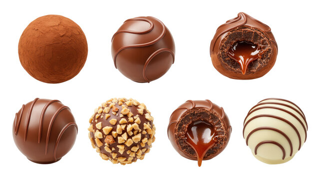 Assorted chocolate truffles with ganache, caramel filling, nuts, and drizzled decorations on transparent background