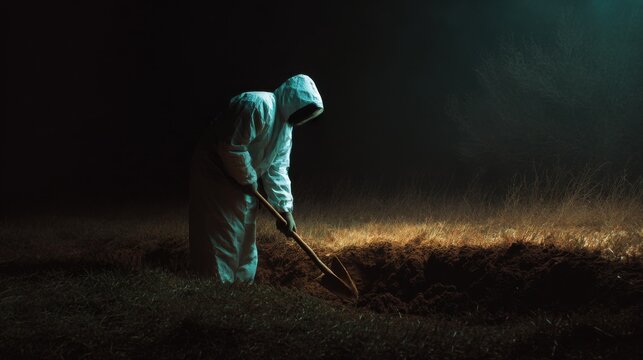 Person in protective suit digging grave with a shovel at night. Concept of burial, pandemic, or secret operation. Mystery and danger. Man dig hole in ground. Tomb raiding, treasure hoard hunting.