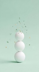 Three white spheres with confetti on a mint green background