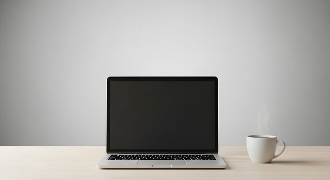 Clean workspace with only laptop and coffee cup, empty background. - Powered by Adobe