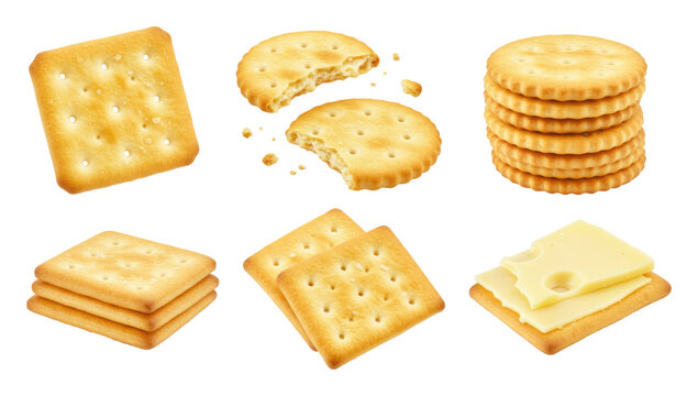 Assortment of square and round crispy crackers with cheese slices, stacks, crumbs, and broken piece on transparent background