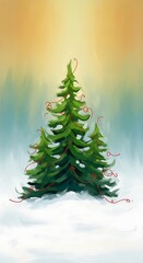 Whimsical Christmas Tree Painting with Festive Red Ribbon Decoration Art