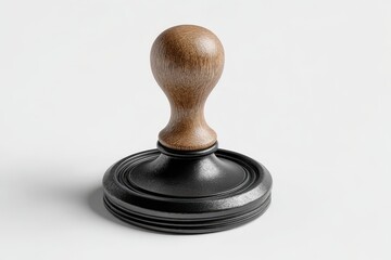 A 3D render of a classic rubber stamp with a wooden handle. Standing upright, isolated on a plain white background. Concept of approval, authority, certification, and office work.
