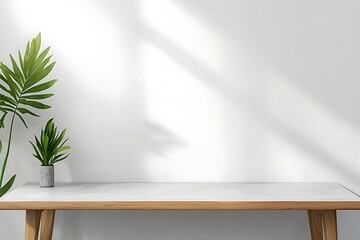 Obraz premium Modern Minimalist Workspace with Green Plants and Bright Natural Light in a Clean Setting