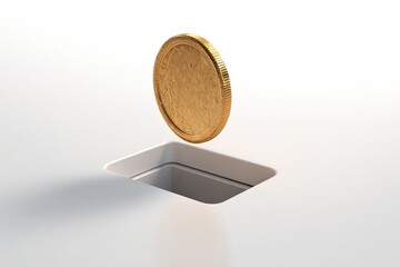 A 3D render of a coin being inserted into a slot. Isolated on a plain white background. Concept of saving money, banking, or vending machine.