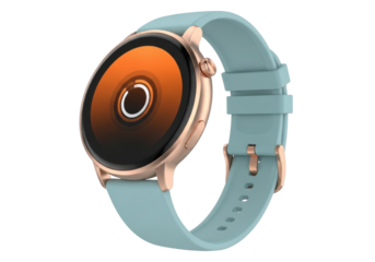 Isolated round rose gold smart watch with blue band for fitness tracking and communication
