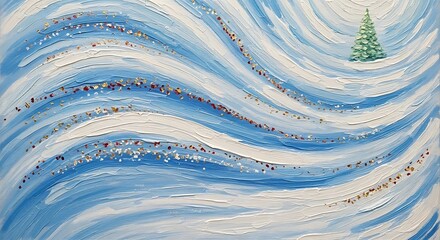 Whimsical winter landscape with snowy drifts and festive tree art painting