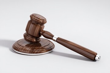 A 3D render of a wooden judge's gavel. Isolated on a plain white background. Symbol of law, justice, court, and authority.