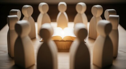 Wooden Figures Forming Circle Around Holy Bible &mdash; Symbolizing Spiritual Unity and Devotion