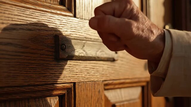 Hand Knocks On Wood Door Using Knocker At Front Entrance