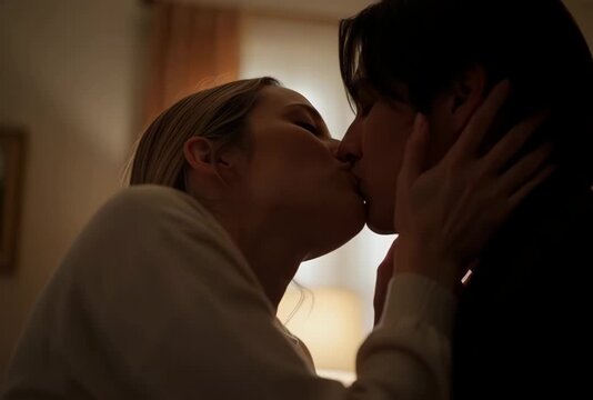 Romantic moment: an intimate close-up of a couple in love, sharing a passionate kiss as they embrace each other tenderly in a dimly lit room, full of warmth, desire, and connection