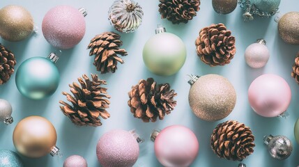The flat layout showcases a series of brightly colored decorative Christmas ornaments, natural pine cones, and seasonal foliage, arranged against a soft background, leaving ample space for text.