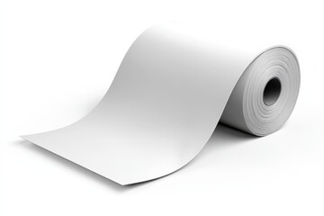 A 3D render of a blank thermal receipt paper roll. Isolated on a plain white background. Concept of retail, POS system, transaction, and office supply