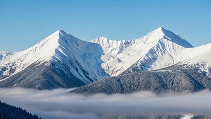 Fototapeta premium Majestic snow covered mountains rise above a sea of clouds on a sunny day creating a beautiful scene